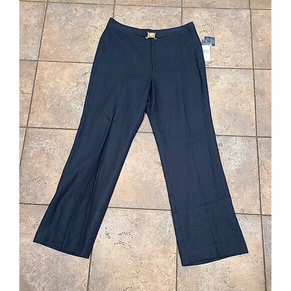 Chaps Womens Navy Blue Linen Lined Pants W/Gold Buckle Career Nautical Sz 12 Exc - Picture 1 of 11